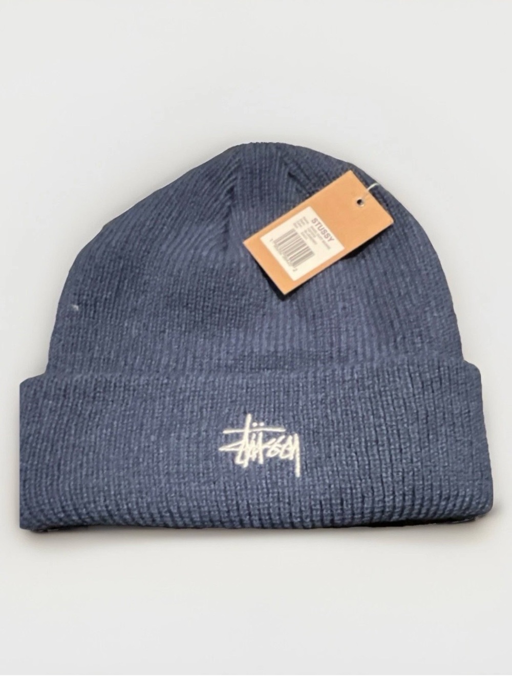 Stussy Navy Blue Ribbed Cuffed Beanie with White Script Logo